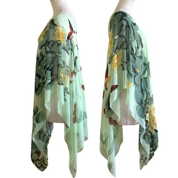 Green Floral Sheer Kaftan Poncho Top Lightweight Summer Cover Up One Size - Picture 6 of 11